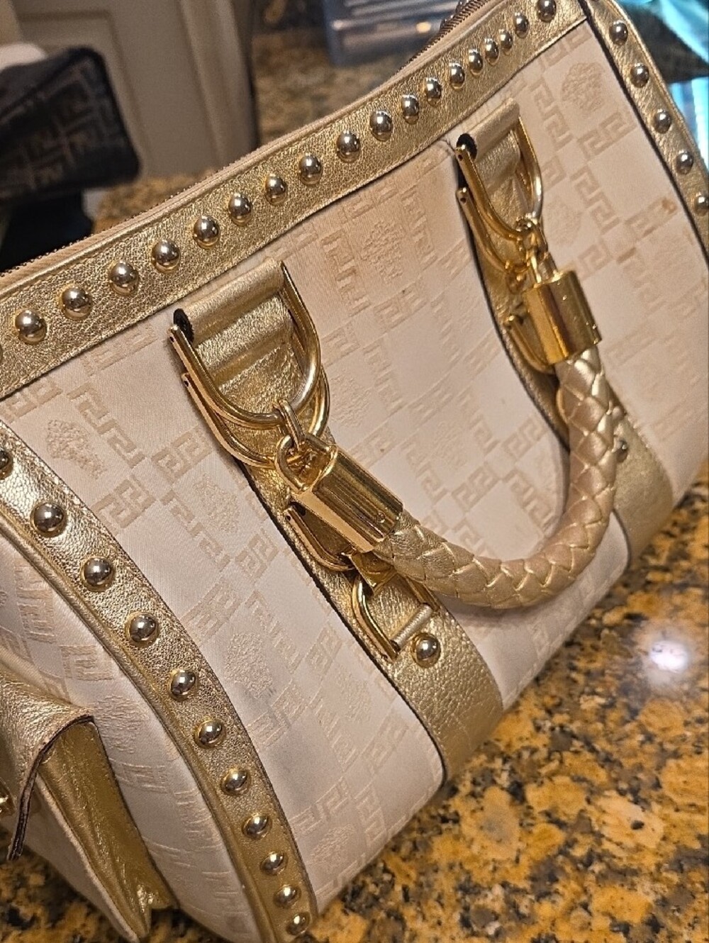 Gorgeous Versace Cream and Gold Medusa Studded Satchel with Braided Handle - Picture 8 of 16